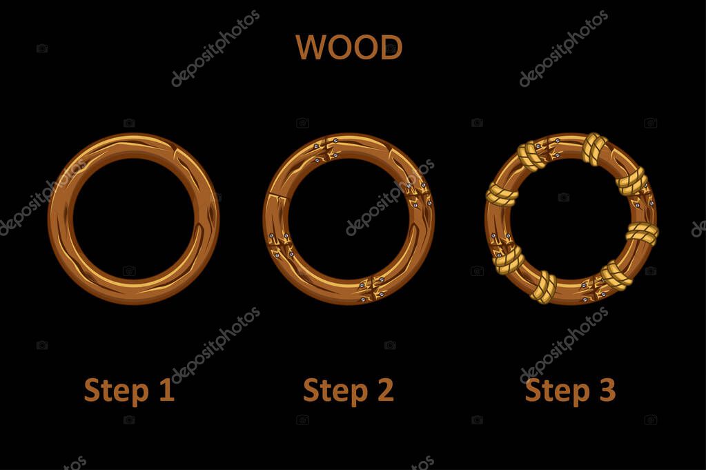 Set of wooden round frame app, 3 steps to progress. Wooden frames to draw improvements.