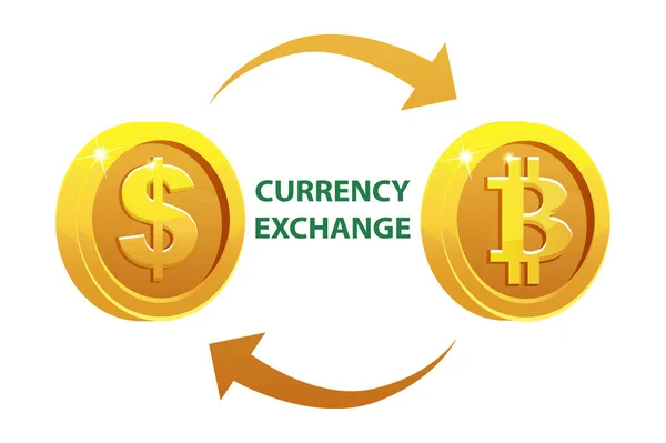 Valutaväxling av gulddollar och bitcoin. — Stock vektor