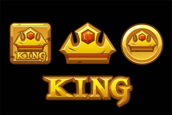 Re dei loghi d'oro. Icone della corona su quadrato dorato e moneta. Testo Logo King — Vettoriale Stock