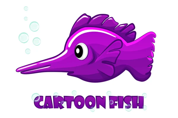 Cartoon purple swordfish swims in the water. — 스톡 벡터