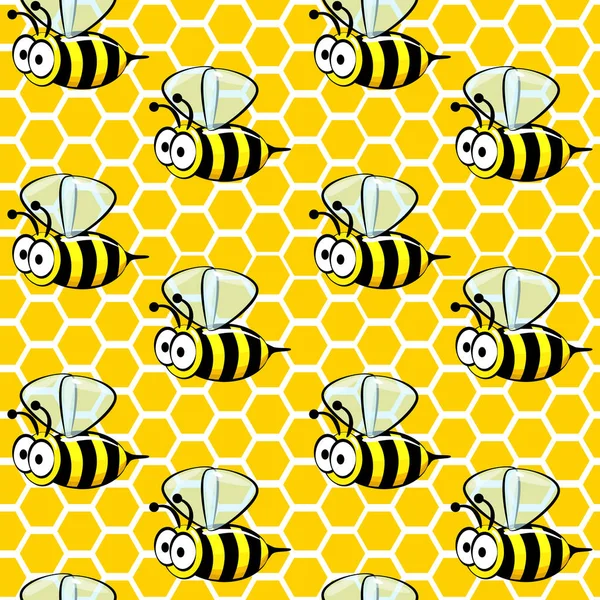 Seamless pattern of cartoon bees on honeycombs. — ストックベクタ