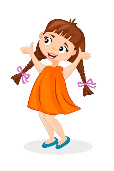 Happy cute cartoon little girl with pigtails. — Stock Vector