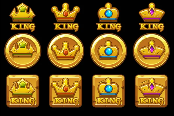 Set of golden round and square app icons with crowns. — 스톡 벡터