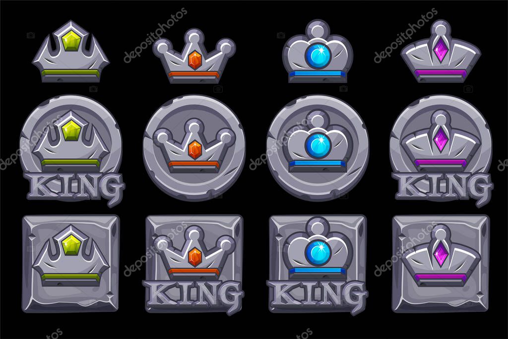 Set of stone app icons with crowns and logo. Icons of different shapes with inscriptions.