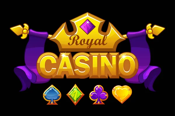Значок логотипу казино із золотою короною та скарбами . — стоковий вектор