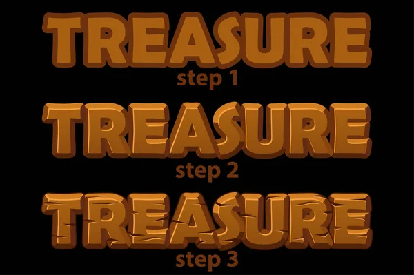 Ξύλινη επιγραφή λογότυπο θησαυρού σε 3 βήματα της σχεδίασης. — Διανυσματικό Αρχείο