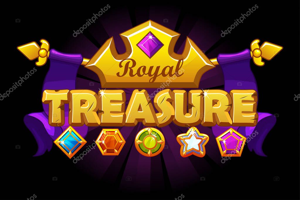 Treasure logo banner with golden crown and gem. Royal background with diamonds of different shapes.