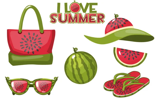 Ensemble d'objets de plage de pastèque et logo d'été . — Image vectorielle