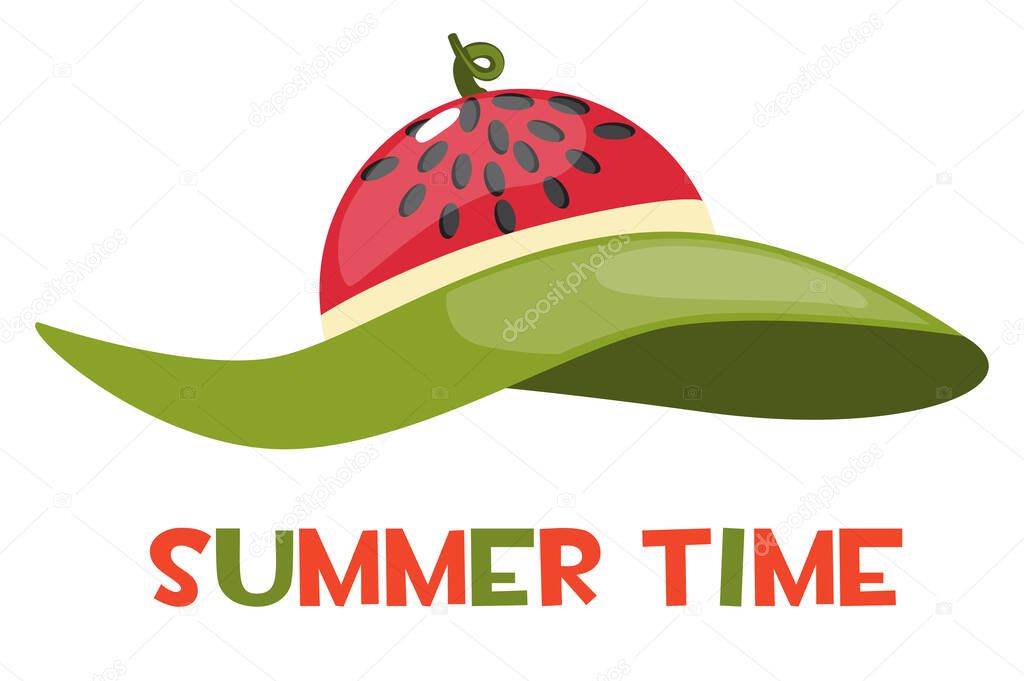 Beach hat with a watermelon print and the inscription. Logo summer time.