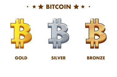 İzole edilmiş altın, gümüş ve bronz Bitcoin ikonu. Dijital veya Sanal para birimleri ve elektronik para. Basit sembol kripto para birimi, 