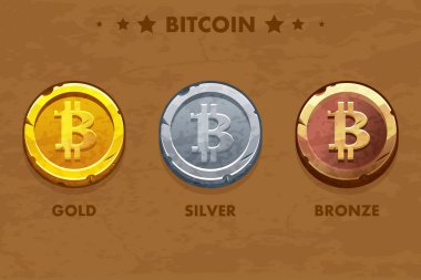 İzole edilmiş altın, gümüş ve bronz Bitcoin ikonu. Dijital ya da Sanal kripto para birimi. Para ve elektronik para. Basit sembol kripto para birimi
