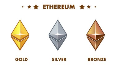 İzole edilmiş altın, gümüş ve bronz ethereum ikonu. Dijital veya Sanal para birimleri ve elektronik para. Basit sembol kripto para birimi