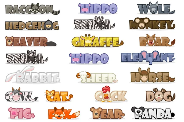 Μεγάλο Σύνολο Χαριτωμένα Κινούμενα Σχέδια Κείμενο Όνομα Ζώα Αστεία Γραμματοσειράς — Φωτογραφία Αρχείου