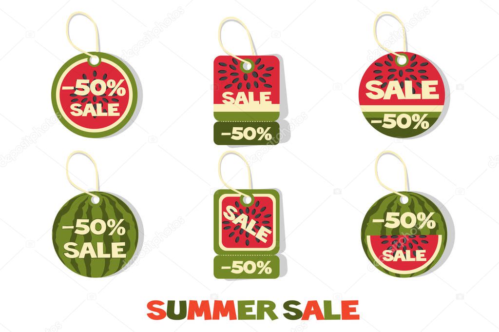 Collection of style watermelons summer sale tags or labels. Set of price tags for sale at discounts.