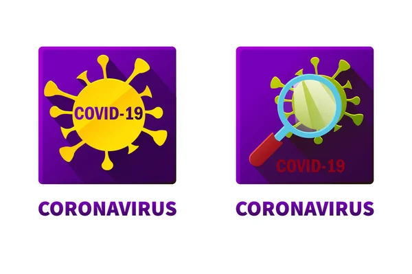 Platte vierkante iconen van covid-19 virus onder vergrootglas. — Stockvector