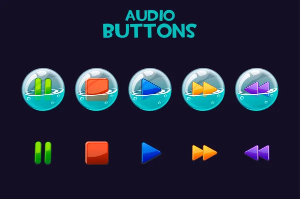 Um conjunto de botões brilhantes em bolhas de sabão para reproduzir áudio . — Vetor de Stock