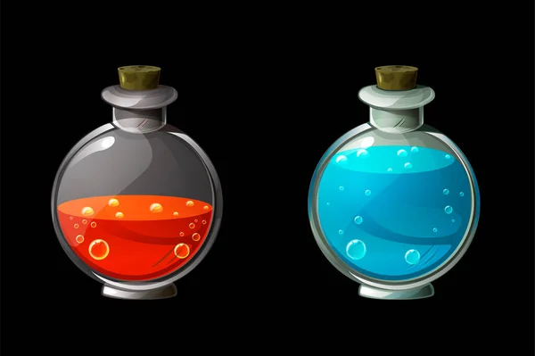 Set Bright Magic Potions Glass Bottles Poison Elixir Flasks — Stock Vector