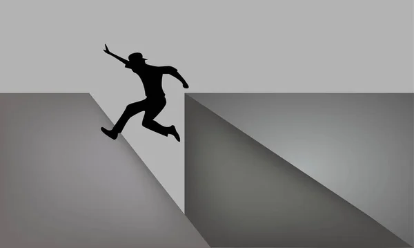 Hombre Está Tratando Saltar Sobre Barranco Valle Competencia Ilustración Vectorial — Vector de stock