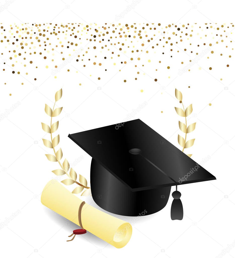 congratulations on graduation, realistic graduation hat, greeting banner, postcard, concept, graduation 2020, golden glitter, vector