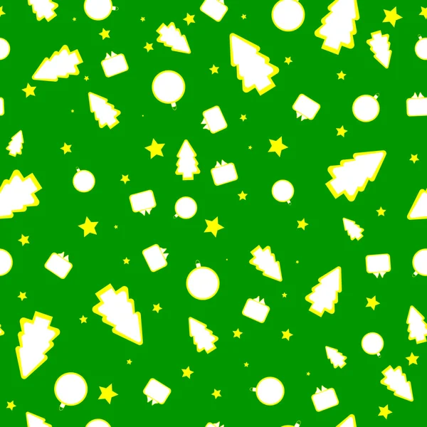 Weihnachten Hintergrund mit Tannenbäumen, Kugeln und Geschenken — Stockvektor