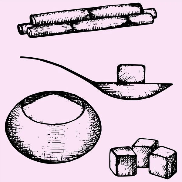 Сахарный тростник, рафинированный белый сахар, ложка, сахарная чаша, кубики — стоковый вектор