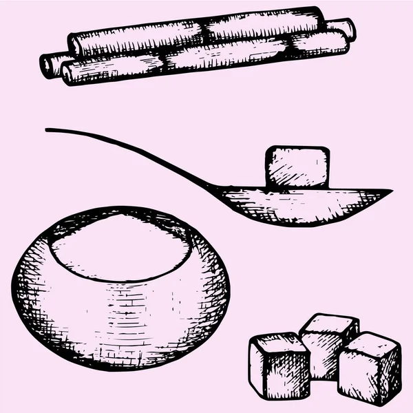 Raffinerat vitt socker, socker-skål, sked, sockerrör, kuber — Stock vektor