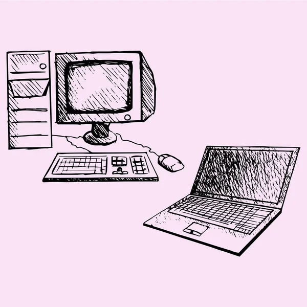 Retro desktop computer met beeldscherm, toetsenbord en muis, laptop — Stockvector