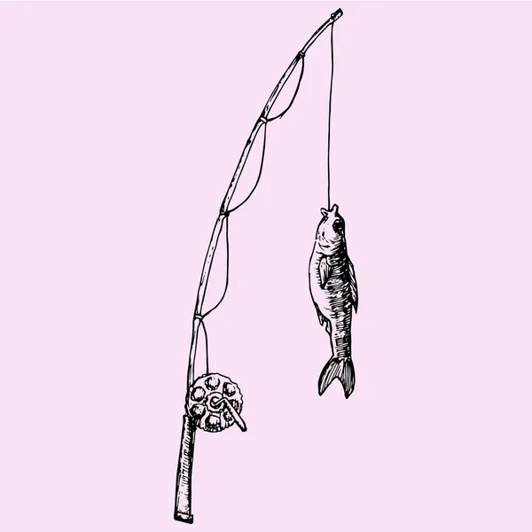 Caña de pescar con pescado — Vector de stock