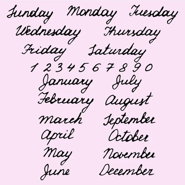 Nombres Dibujados Mano Días Semana Meses — Archivo Imágenes Vectoriales