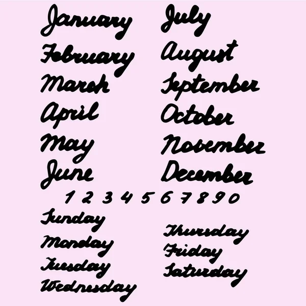 Hand Drawn Names Days Week Months — Stock Vector