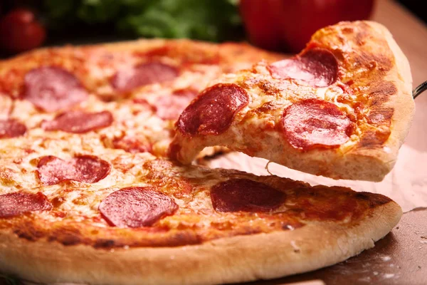 Salami pizza on the table — Stock Photo, Image