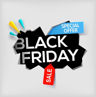 Gri arka plan üzerinde siyah Cuma afiş. Hole duvar siyah Cuma yazıt ile kırık. Satış ve indirim. Yeni teklif. Özel Fırsat. Vektör çizim.