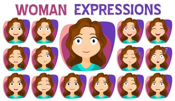Chica con diferentes expresiones faciales conjunto. Una variedad de expresiones faciales de las mujeres. vector de stock — Archivo Imágenes Vectoriales