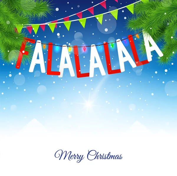 Blauwe Kerstmis achtergrond met slingers, vlaggen en inscriptie Fa la la la la. Abstracte achtergrond van de Vector met plaats voor tekst. — Stockvector