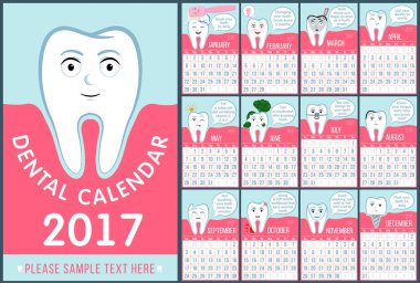 Çocuk diş hekimliği için takvim. Duvar diş takvimi 2017. Komik karikatür diş ve ağız hijyeni kavramı. Toothcare. Dikey yönlendirme, stomatology planlayıcısı. Vektör çizim