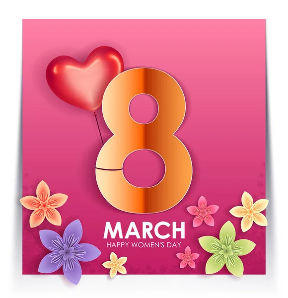 8 Mart tatil. Origami kağıt çiçekler ve kalp şeklinde balon tebrik kartı. Mutlu Dünya Kadınlar Günü. Vektör eps10 — Stok Vektör