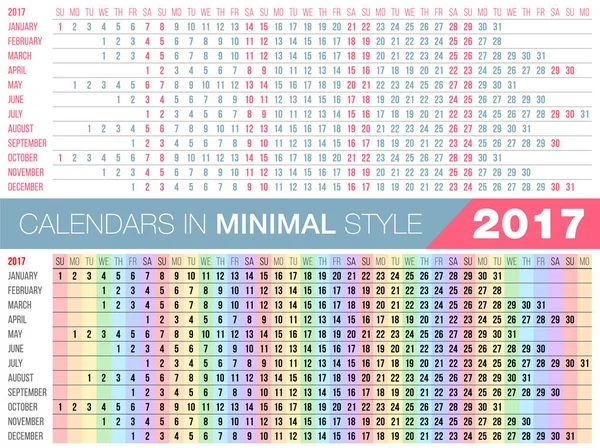 2017 prosty kalendarz. Orientację poziomą, liniowe, minimalistycznym stylu. Zestaw 12 miesięcy, tydzień rozpoczyna się w niedzielę. Ilustracja wektorowa — Wektor stockowy