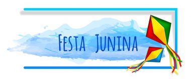 Festa junina suluboya ile banner ve gökyüzü fenerler kağıt. Vektör afiş. Latin Amerika tatil. Brezilya Festivali