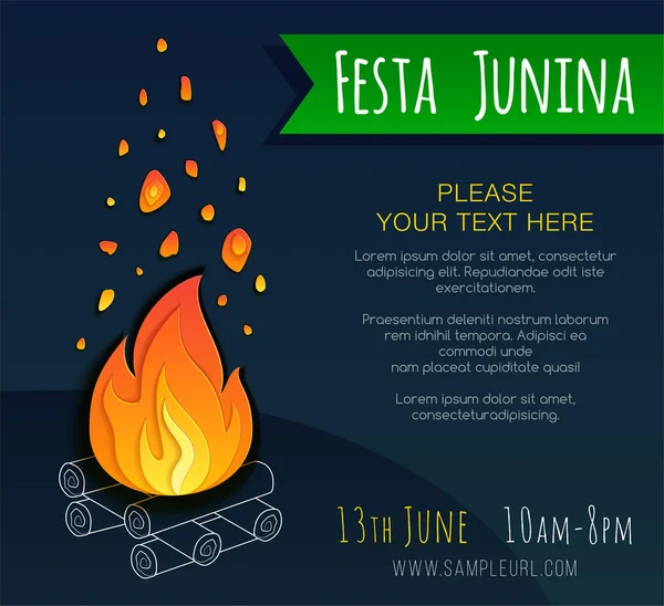 Festa junina αφίσα με φωτιά. Διάνυσμα banner. Διακοπές της Λατινικής Αμερικής. Βραζιλία Φεστιβάλ — Διανυσματικό Αρχείο