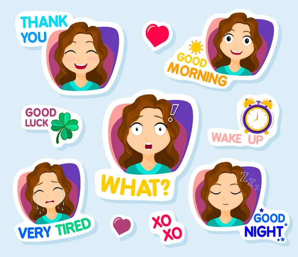 Colección de pegatinas para chat o sms. Pegatinas de chicas lindas. Mujer con diferentes expresiones faciales. dibujos animados pegatinas divertidas conjunto. Vector — Archivo Imágenes Vectoriales