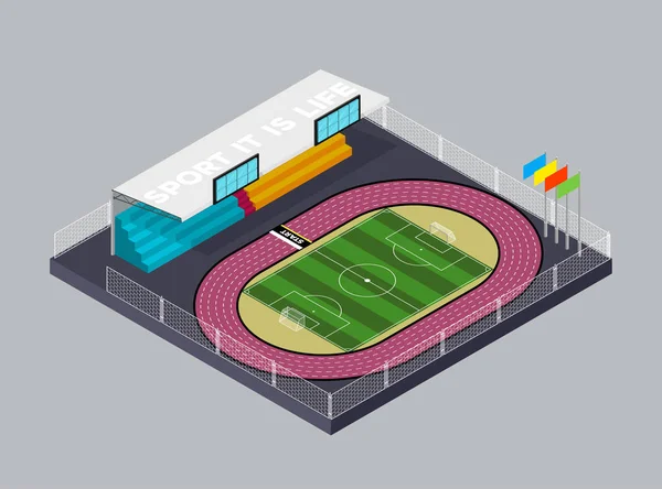 Estadio de fútbol. Fútbol. Campo de fútbol y pista de atletismo en estilo isométrico. Icono isométrico plano. Bienvenido al estadio. Ilustración vectorial — Vector de stock