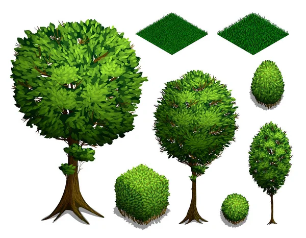 Ensemble d'arbres isométriques. Arbustes isométriques réalistes, arbres et herbe isolés sur fond blanc. Icône isométrique plate. Illustration vectorielle — Image vectorielle