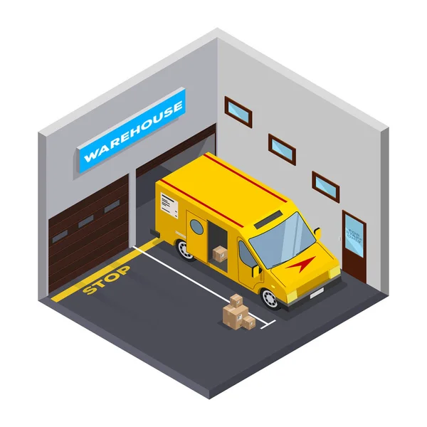 Isometrisches Lager. Lagerung und LKW. flaches isometrisches Symbol. isometrische Garage mit LKW. Kartons. Vektorillustration — Stockvektor