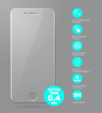 Ekran cam korumak. Gri arka plan üzerinde izole vektör ekran koruyucu film ya da cam kapak. Telefon aksesuar. Vektör çizim 