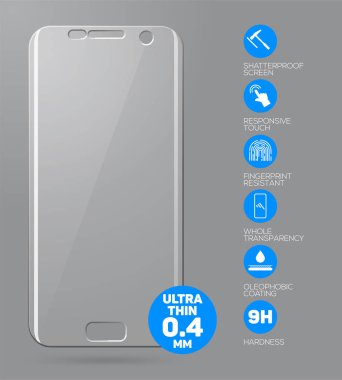 Ekran cam korumak. Gri arka plan üzerinde izole vektör ekran koruyucu film ya da cam kapak. Telefon aksesuar. Vektör çizim 