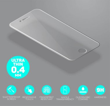 Ekran cam korumak. Gri arka plan üzerinde izole vektör ekran koruyucu film ya da cam kapak. Telefon aksesuar. Vektör çizim 