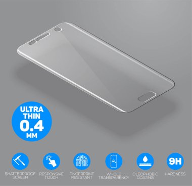 Ekran cam korumak. Gri arka plan üzerinde izole vektör ekran koruyucu film ya da cam kapak. Telefon aksesuar. Vektör çizim 