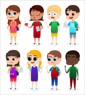 Farklı pozisyonlarda mutlu çocuklar topluluğu. Çocuk karakter kümesi. Vektör çizim. Okula dönüş.