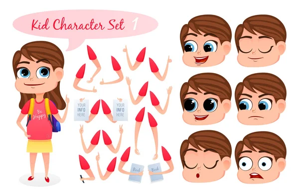 Kid Character Set con partes del cuerpo para el trabajo de diseño y animación. Elementos faciales y corporales. Personaje de chica para tus escenas. Ilustración vectorial . — Vector de stock