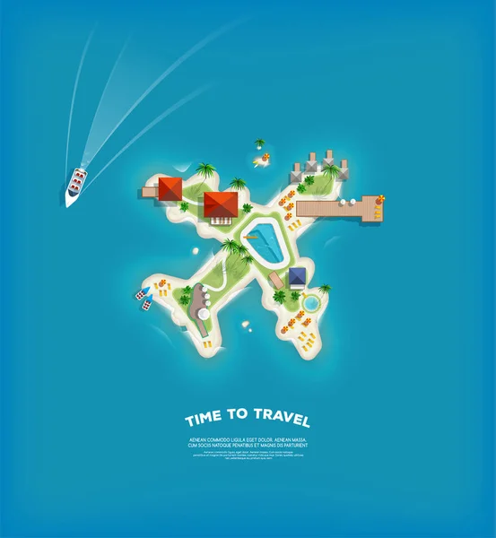 Creatieve poster met eiland in de vorm van een vliegtuig. Vakantie vakantie banner. Bovenaanzicht van het eiland. Vakantiereis. Reizen en toerisme. — Stockvector